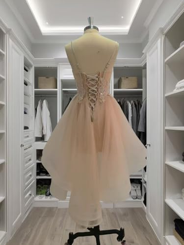Lace Applique Homecoming Dresses for Teens High Low Spaghetti Straps Tulle Short Prom Dress Glitter DAMA Dress3