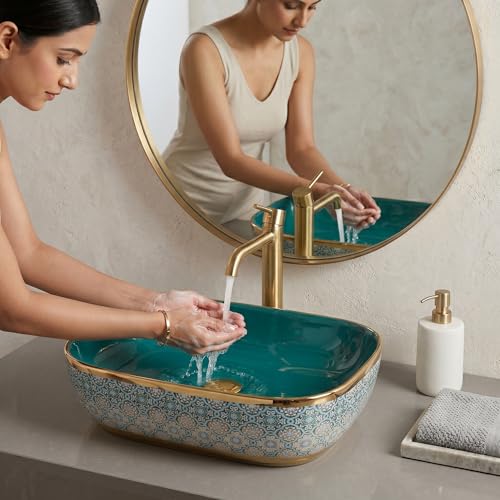Image of BASSINO 18x13x5.5 Inches Table Top Washbasin /1 Year Warranty /Ceramic Wash Basin for Bathroom /Rectangle Counter Top Wash Basin for Dining Hall /Living Room /Tabletop Sink(Glossy Green & Gold)