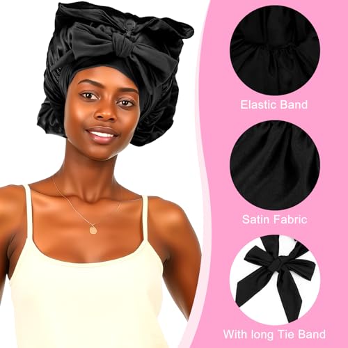 Long Satin Bonnet for Braid Sleep Cap Silk Hair with Tie and Button, Foldable Sleep Bonnets for Women Long Hair black, 41-57 - Image 4