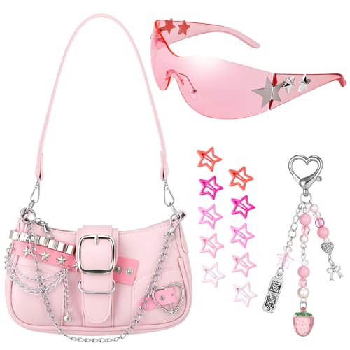 Zhamate Y2k Pink Cute Shoulder Bag for Women Trendy Goth Mini Purse with Pink Glasses Strawberry Keychain and Star Hairpin