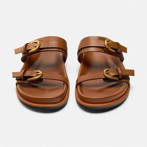 Women's Flat Sandals Open Toe Double Buckle Adjustable Slide Sandal Rubber Footbed Summer Comfort Slippers4