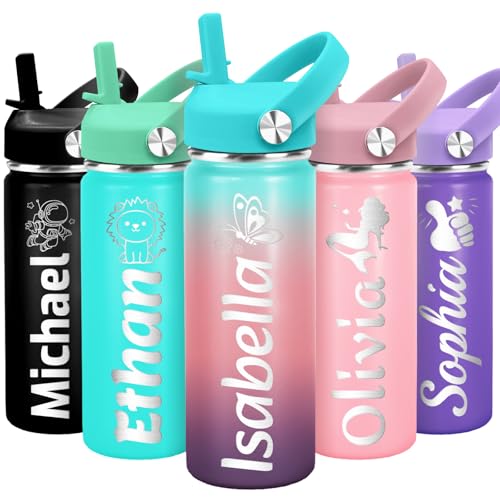 Personalized Kids Water Bottle - Back to School Gifts - Custom Kids Insulated Water Bottle with Leakproof Straw Lid - Customized Birthday Easter Christmas Gift for Boys & Girls (Gradient)
