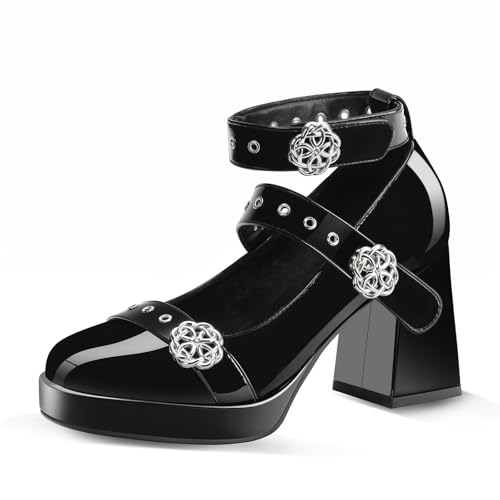 Women Chunky Platform Mary Jane Heels with Hook & Loop Closed Toe Patent Leather Goth Shoes Ankle Strap Pumps