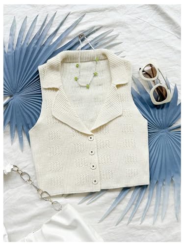 Image of Verdusa Women's Button Down Cropped Sweater Vest Sleeveless Waistcoat Crochet Knit Top Apricot Medium