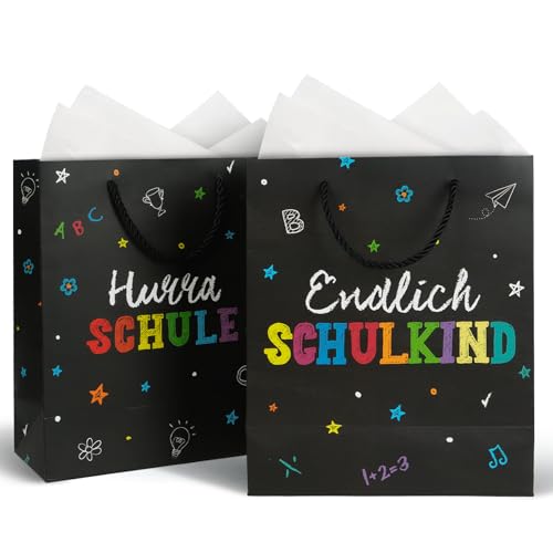 BETESSIN Geschenktüte Einschulung Junge & Mädchen - 2 Stück Endlich Schulkind Papiertüten mit Henkel & Seidenpapier - Geschenktaschen zum Schulanfang - Geschenkverpackung Einschulung (21x10x25cm)