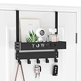 Over The Door Hooks Hanger with 5 Coat Hooks & Basket, Back of Door Storage Organizer for Clothes Hat Towel, Hanging Towel Rack for Bathroom Kitchen, Black