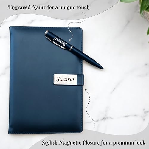 Image of SAVRI A5 Personalized Leather Diary & Engraved Pen - Custom Name Executive Notebook with Employee Name & Company Logo - Non-Dated, Joining Kit, Corporate Gift, Office, Travel & Birthday Gift (Blue)