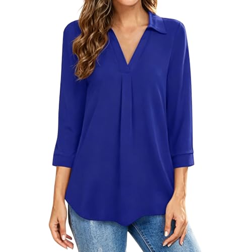 Image of Womens Collared Shirts V Neck 3/4 Sleeve Business Casual Tops Royal Blue