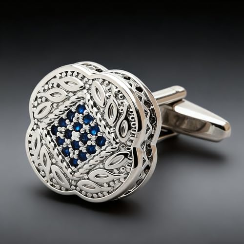 Set de Mancuernillas para Hombre Plateadas con Circonia Azul miniatura 3