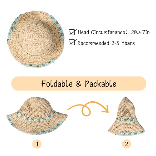 Girls Straw Hat with Flower Round Sunglasses, Foldable Flower Beach Hat Toddler Summer Sun Hats 2-6 Years4