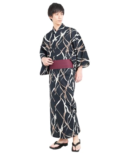 [ニシキ] 1472-2A 浴衣+ワンタッチ帯 2点セット お仕立て上がり 和柄 和装 メンズ 花火大会 [M/刷毛目格子(紺)]（Amazon）
