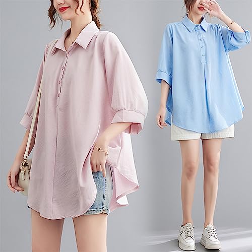 Daconovo Túnica feminina casual comprida de algodão liso e botão de linho solta decote regular meia