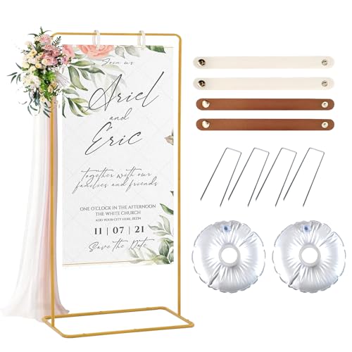 Meiqi Gold Adjustable Wedding Welcome Sign Stand with 4 Leather Hanging Straps, Ground Stakes & Weight Bag - Large Easel for Wedding Signs, Posters, Banners - Perfect for Outdoor Events, Baby Show...