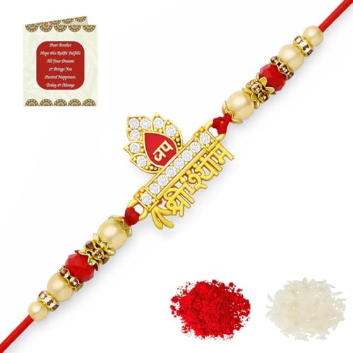 Image of Riddhika Ventures Glorious Gold Plated Auspicious Diamond Ring Rakhi with Roli Chawal and Greeting Card