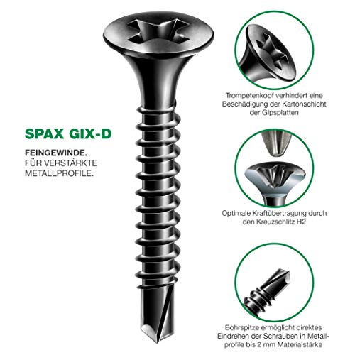 SPAX GIX-D Schnellbauschrauben 3,5 x 35 mm, Vollgewinde, 1000 Stück, Bohrspitze, Kreuzschlitz-H2, Trompetenkopf, Trockenbauschrauben für verstärkte Metallprofile – 1991170350355