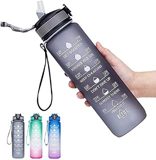 FIIO 1L Water Bottle with Straw & Time Markings, Sports Water Bottle Leakproof BPA Free Tritan Drinking Bottle for Gym Sport Outdoors
