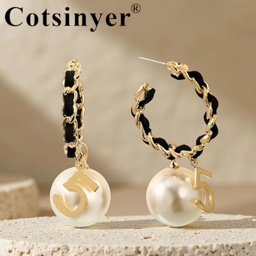 C-Shape Woven Hoop Stud Earrings for Women - Dangling Pearl & Number 5 Accent, Black & Gold Braided Texture | Chic Statement Large Earrings with Velvet Storage Bag2