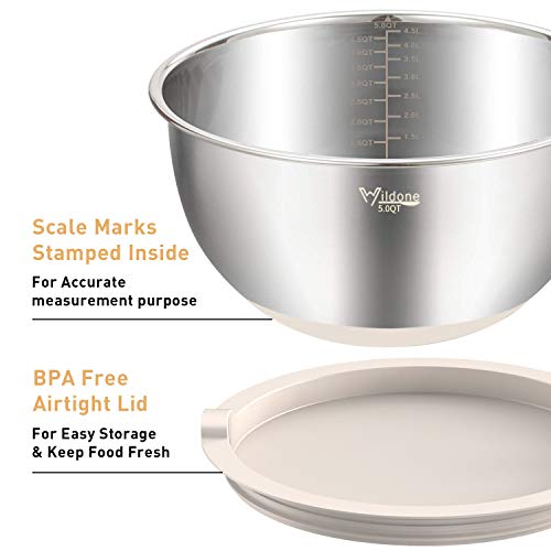 Wildone Mixing Bowls Set Of 5, Stainless Steel Nesting Bowls With Khaki Lids, 3 Grater Attachments, Measurement Marks & Non-Slip Bottoms, Size 5, 3, 2, 1.5, 0.63 Qt, Great For Mixing & Serving #TOP1