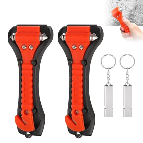2 Pezzi Kit Martello di Emergenza Auto - Martello di Sicurezza con Frantumatore di Vetri & Tagliacinture (2 in 1) + 2 Fischietti - Per Auto,