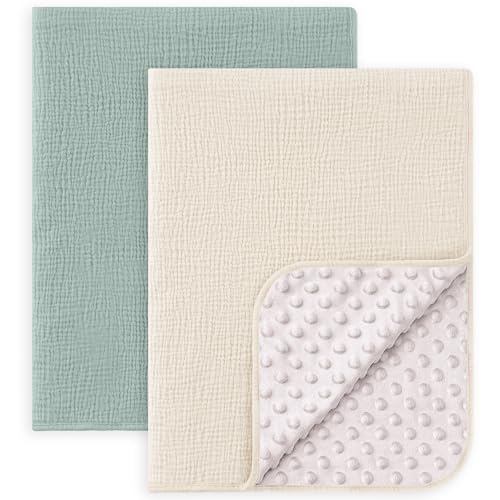 Image of Susurration Baby Blanket for Unisex Boys Girls, 2 Pack Soft Fluffy Crib Blankets with Muslin Cotton Front and Dotted Fleece Back, Receiving Blanket for Baby Newborn Infant, 30x40inch, Green&Cream