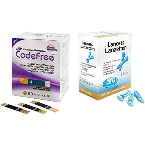 Vorteilspack SD CodeFree Blutzuckerteststreifen 50 Stück + Blutlanzetten Gr. 28G (50 Stk.), Sparpack zur Diabetes-Kontrolle bei Blutzucker (Zucker)