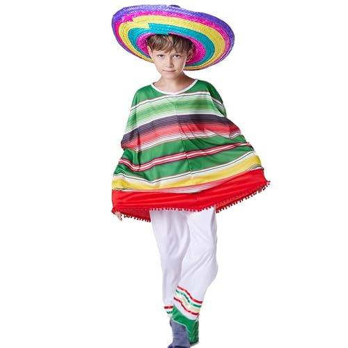 Generisch Costume folklorique mexicain pour garçon comprenant poncho, sombrero, gilet, pantalon (vert, 5-8 ans)