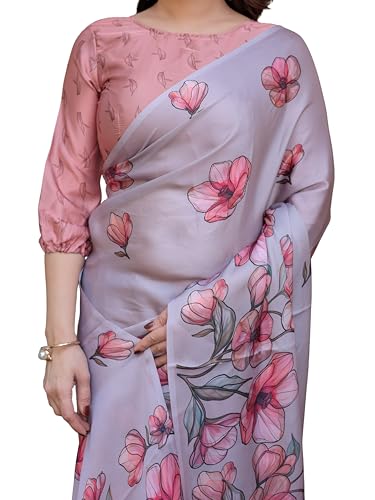 Image of ALMAARI FASHION Women's Floral Printed Georgette Satin Saree with Unstitched Blouse Piece | Traditional Ethnic Wear Sarees | Soft Lightweight Ethnic Office Wear Daily Wear Indian Sari (SG 161-170 H)