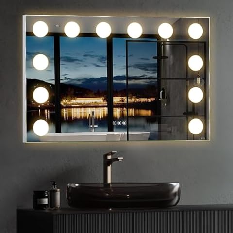 36x24 inch LED Hollywood Vanity Mirror, Wall Mounted Lighted Bathroom Mirror, Large Makeup Mirror with 12 Dimmable LED Bulbs, Anti-Fog,3 Colors, Dimmable, CRI>95, ETL Listed Cover