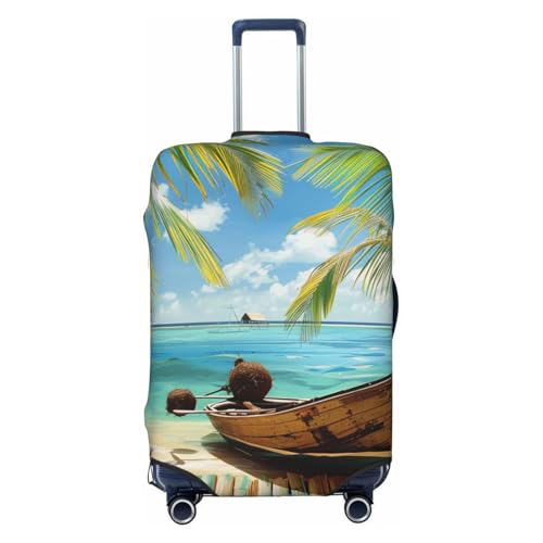Seaside Boat Coconut Leaves Print Travel Luggage Cover - Personalization Elastic Suitcase Protector,L(Fit 25-28 Inch Luggage)