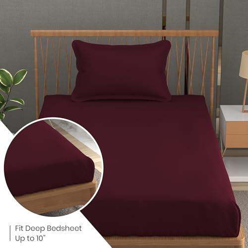 Image of FRESH FROM LOOM Anti Fade Solid Plain 240 TC Single Size Bedsheet Set with 1 Pillow Cover - Soft Fabric (Size- 60 x 90 inch | Wine| Solid)