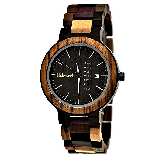Holzwerk Germany Handgefertigte Matrix Herren Uhr Öko Natur Holzuhr Holz Armband Braun Schwarz Zebra Muster Analog Uhr Datum und Wochentag Anzeige Herrenuhr (Bunt.Matrix)