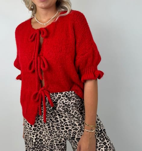 Women Trendy Bow Tie Sweater Cardigans Solid Color Puff Sleeve Loose Chunky Knited Jacket Open Front Knitwear3