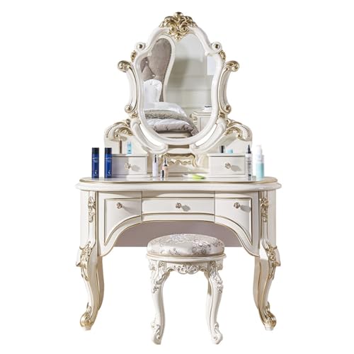 ASYJVWYZ Tocador Blanco Y Dorado con Espejo, Taburete Incluido, Tocador De Maquillaje De 5 Cajones, Muebles De Dormitorio Estilo Rococó(White)