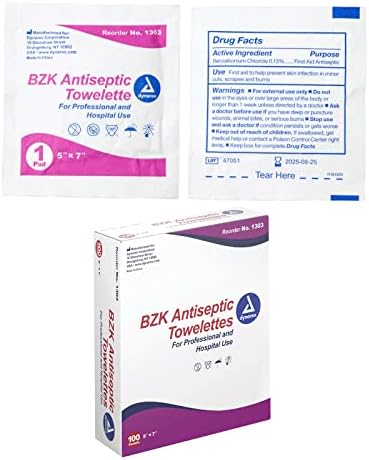 Dynarex BZK Antiseptic Towelettes, Moist Sanitizing Towelettes Designed to Prevent Infection in Minor Wounds, 5×7, Disposable & Individually Wrapped, 1 Box of 100 Dynarex BZK Antiseptic Towelettes