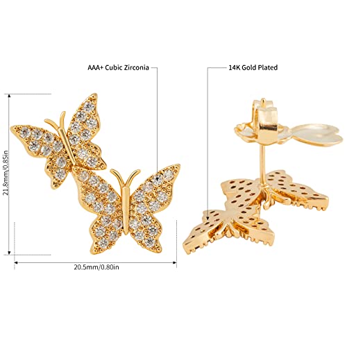Zircon Butterfly Stud Earrings - 14K Gold Plated CZ Pave Butterfly Earrings for Women，Good Gift for Sister,Lover2