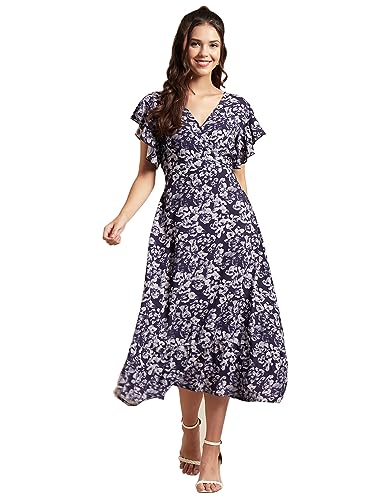 Image of Moomaya Women's Printed Dress, V-Neck, Short Sleeves, Ruffled Midi Summer Dress