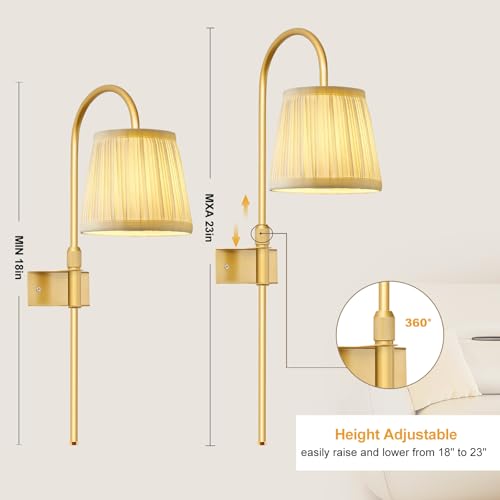 Image of ZECOXOL Vintage Battery Operated Wall Sconces Set of 2, Gold Rechargeable Wireless Wall Lamp Lights with Fabric Lampshade & LED Remote Bulb,Dimmable Flower Wall Sconce for Bedroom Living Room Hallway