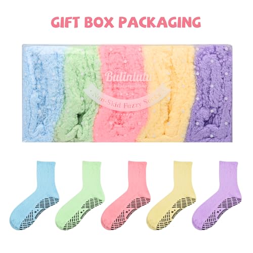 Image of Bulinlulu Fuzzy Socks With Grips for Women, 5 Pairs Non Slip Sleep Warm Fluffy Slipper Socks Gifts for Women
