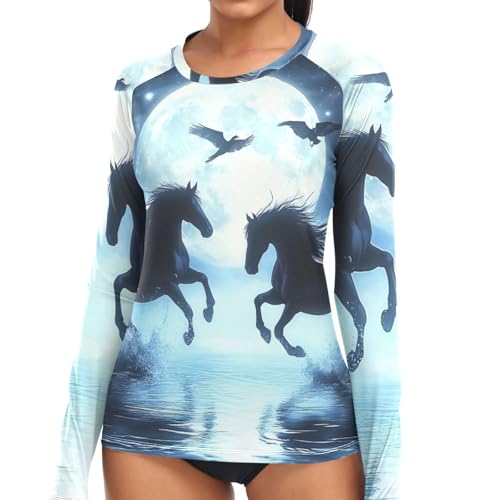 Womens Rash Guard UPF 50+ Long Sleeve Swimsuits Sun Protection Swim Shirts Bathing Suit Horse Flower Horses