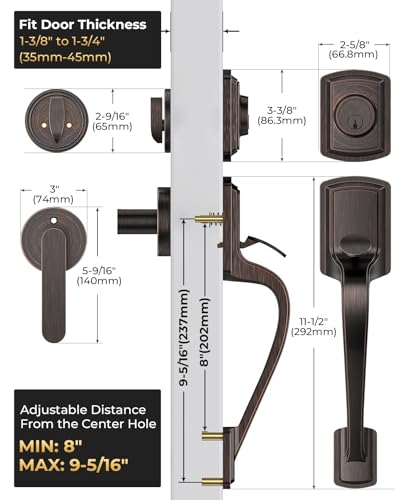 Image of Front Door Handle and Deadbolt Set for Right & Left, Front Door Lock Set with Single Cylinder Deadbolt, Entry Doors Locksets with Modern Exterior Handle, Reversible Lever, Oil Rubbed Bronze