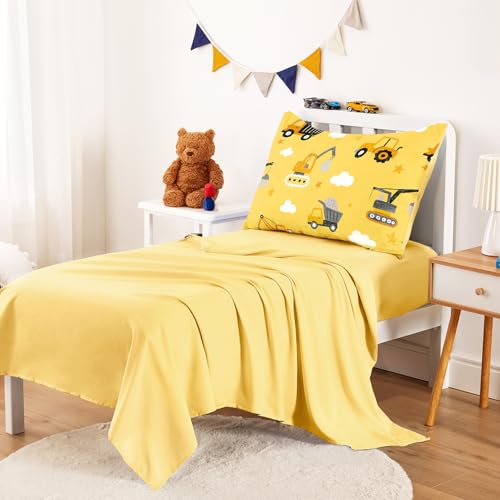 Image of Wake In Cloud - Toddler Bedding Set for Boys, Construction Car Excavator Truck, 4 Pieces Soft Crib Bed Set Including Comforter, Sheets and Pillowcase, Yellow