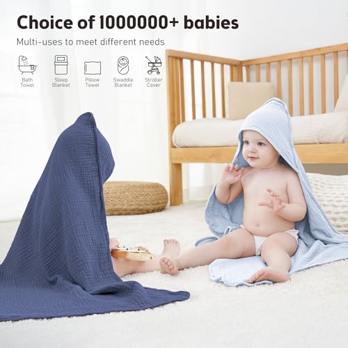 Image of Susurration Hooded Baby Towels for Newborn 2 Pack 100% Muslin Cotton Towel for Babies，Highly Absorbent and Newborn Essential 30x30 Inch Light Blue&Royal Blue