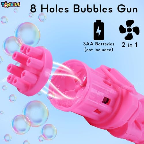 Image of Toyshine 8 Hole Electric Bubbles Gun Gatling Bubble Machine Toy with Scoup Bottle for Children Party Favors Outdoor & Indoor Activity for Boys Girls 3 Years and Above (Pink)