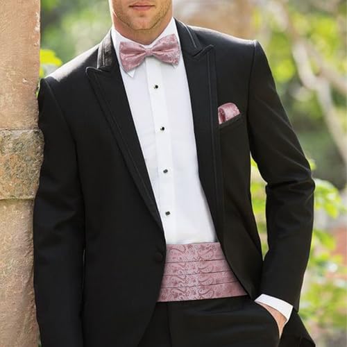 Image of YOHOWA Men Cummerbund Bow Tie Set Silk Paisley Formal Pre-Tied Bowtie Pocket Square Cufflinks Wedding Party Prom