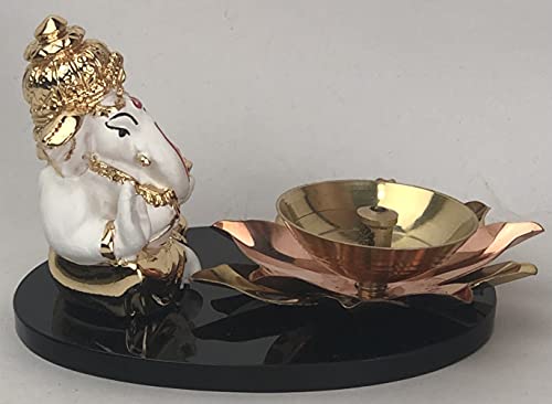 Image of Lord Ganesh Idol Figurine with Diya Polyresin Ganesha Murti for Ganesh Chaturthi Puja Ganesh Murti for Office Table Top Home Decor Gifting & Puja Decoration