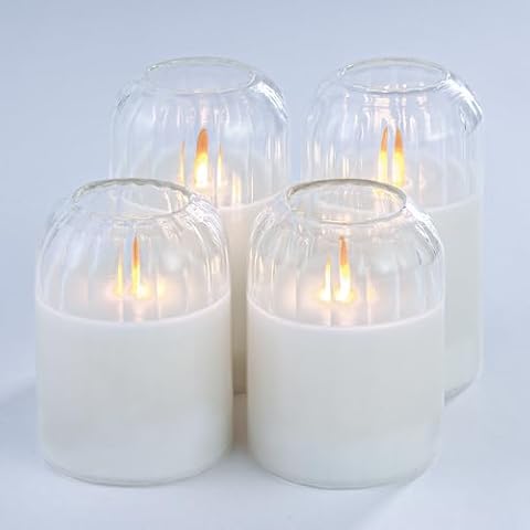 Lezonic Jar Flameless Candles Battery Operated with Remote, LED Candles Dancing Flame Flickering Flameless Pillar, Set of 4 Real Wax Glass Battery Candles, H: 4" 4" 5" 5"(Pumpkin White) Cover
