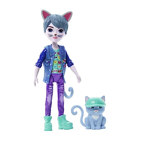 Enchantimals Glam Party Cole Cat y Claw Muñeco y Mascota, Personaje Gato con Ropa y Accesorios Intercambiables, Regalos para niños y niñas, HNT59