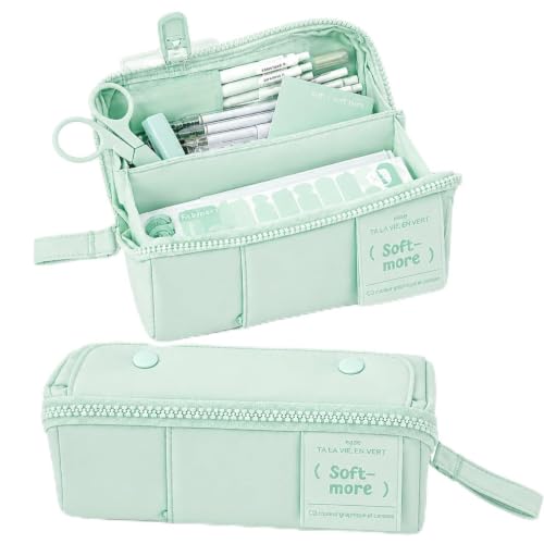 Image of Invite Multi-Functional Soft Pencil Case for Girls | Large Capacity Zipper Pouch with Multiple Compartments | Aesthetic Stationery Organizer for School, College & Office (Soft More Green)