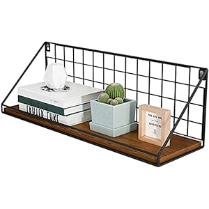 HJW Praktische opbergrek ponsvrij drijvende plank raster ontwerp, metalen houten opbergrek wandmontage voor fotolijst boek plant pot display 1Huiyang-01020, klein