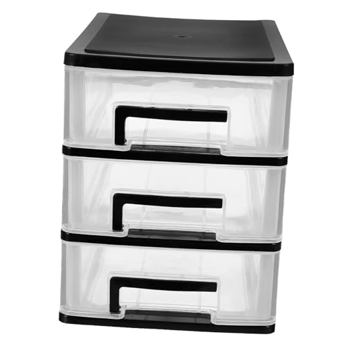 Healifty 3-lagiger Kunststoff-Schubladenschrank, 3-lagiger Schreibtischschrank, kleiner Kunststoff-Aufbewahrungsschrank für Büro, Schlafzimmer, Zuhause (schwarz und transparent)